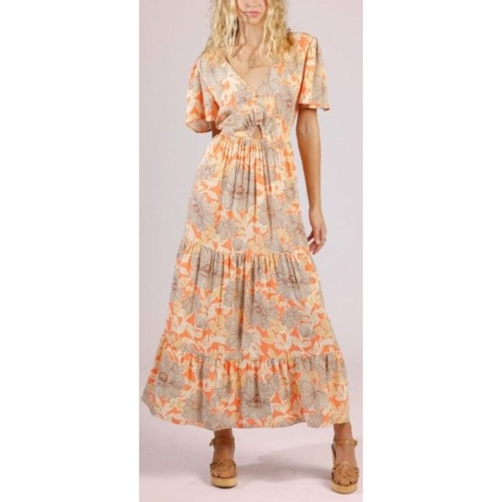 Band Of The Free Apricot Floral Sand Size Small Flutter Sleeve Maxi Dress NWT $1